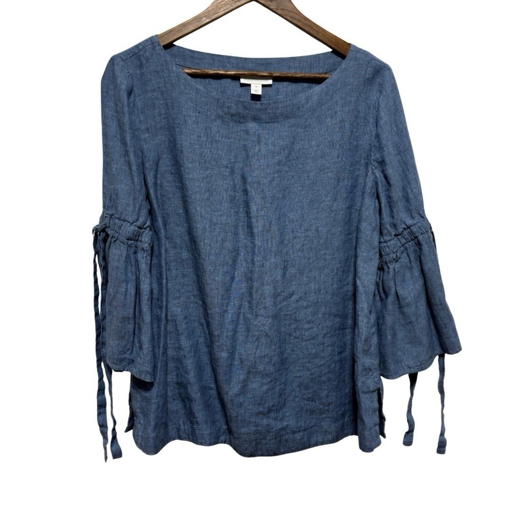 Charter Club Blouse Womens M Blue Linen 3/4 Bell Sleeve Lightweight Pullover
